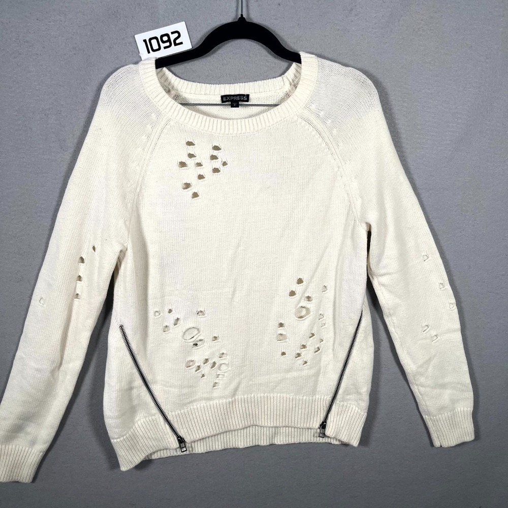 Express Sweater Womens S Cream Cotton Distressed Knit Side Zipper Raglan Sleeve